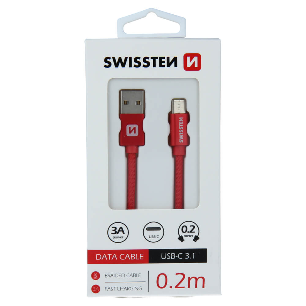 Textilný dátovy kábel Swissten USB / USB-C 0,2 M - červený